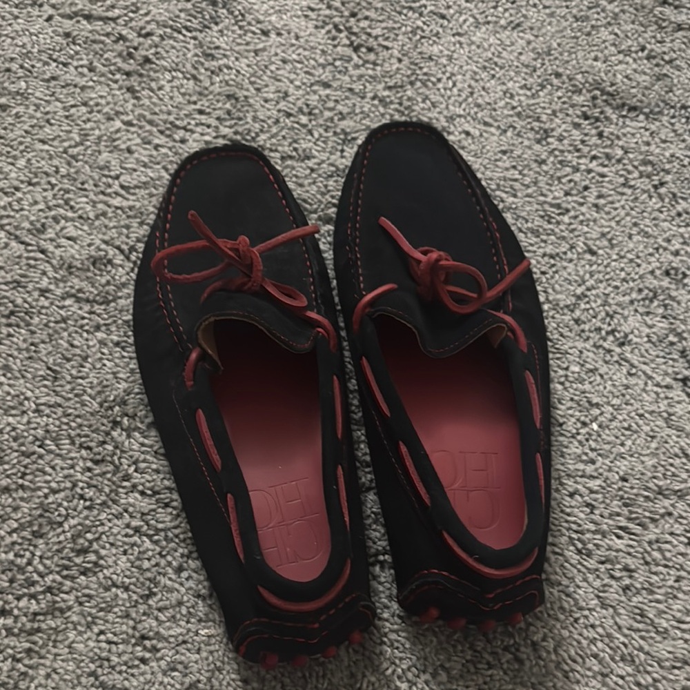 Carolina Herrera Black and Red Slip-On Loafers with Suede Finish